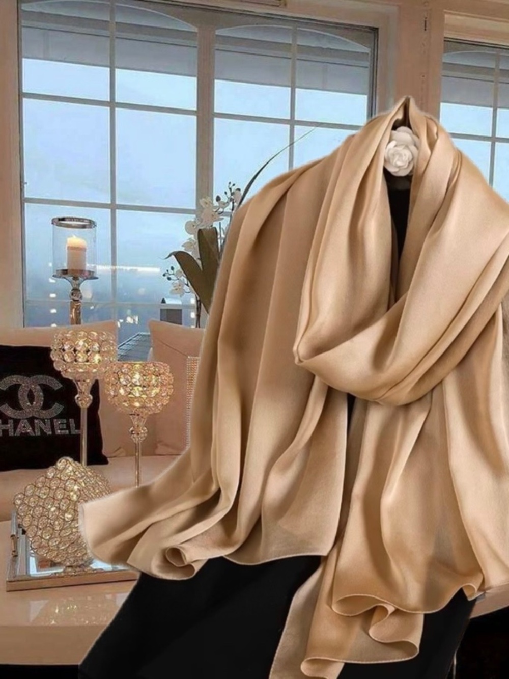Light Camel Brown 100% SILK SATIN Large Shawl Scarf Wrap Beige Wedding CoverUp